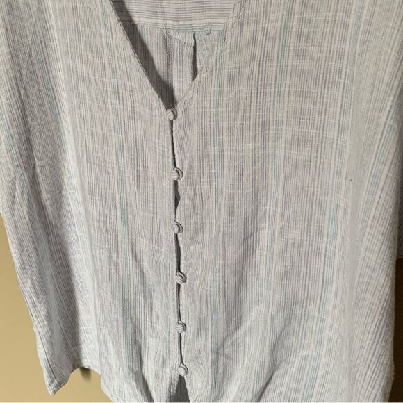 Caffe Marrakech Blue Stripe Linen-Blend Short Sleeve Shirt with Tie Front Size L - Picture 4 of 10